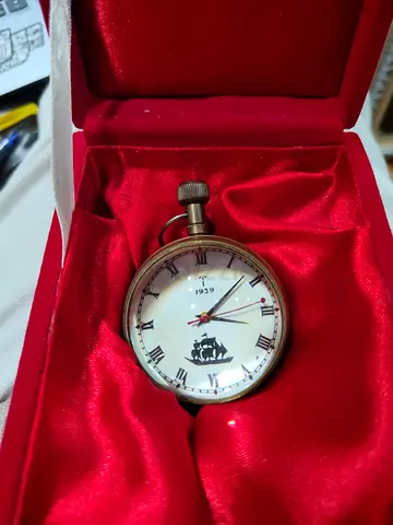 Vintage-style pocket watch paper weight with ship motif (1939) in presentation box