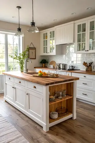 Solid Wood Kitchen Island with Storage Shelves