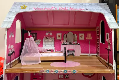 Wooden Pink Dollhouse with Furniture - Good Condition