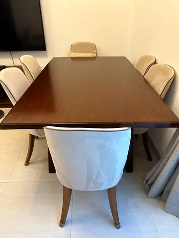 Solid Wood Dining Table with 6 Upholstered Chairs - Excellent Condition