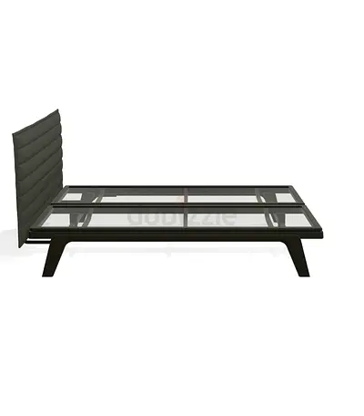 Modern low-profile double bed frame with padded headboard