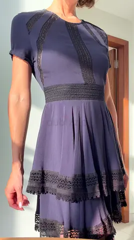 Maje, size S, 100% Viscose, Navy Blue Short Sleeve Dress with Black Lace Details