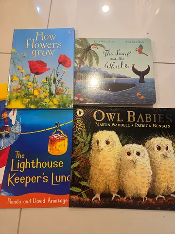 Childrens books: Owl Babies, The Lighthouse Keepers Lunch, How Flowers Grow, The Small Whale