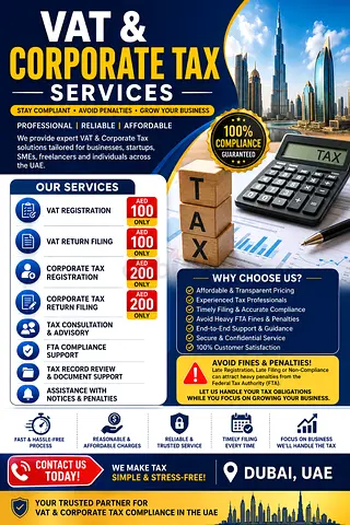 VAT  Corporate Tax Services Starting from AED 100 Only