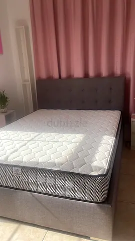 Queen bed frame with mattress - light grey, good condition