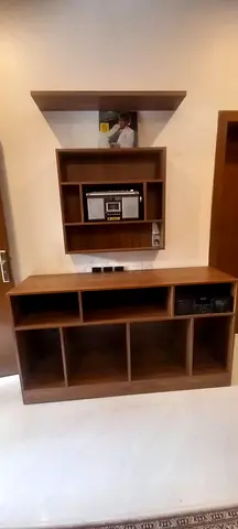 Solid wood entertainment unit with wall shelves -