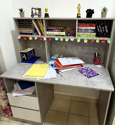 Compact Study Desk with Hutch and Drawers - Light Grey