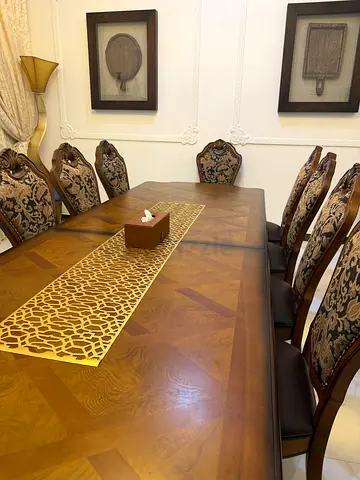 Wooden Dining Table with 12 Upholstered Chairs - Classic Design