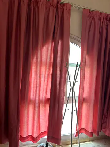 Pair of Pink Fabric Curtains with Curtain Rod - Good Condition