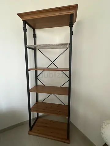 Solid Wood and Metal Tall Open Shelf Unit / Bookcase - 5 Shelves
