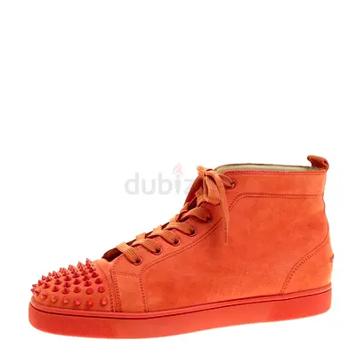 Christian Louboutin Orange Suede Lou Spikes High Top Sneakers Size 44.5