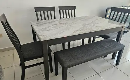 6-Seater Dining Table Set with Marble-Effect Top and Bench