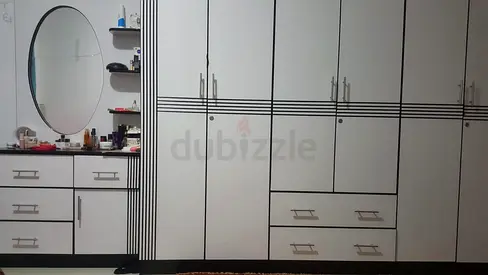 Bedroom Set. White wardrobe with vanity and mirror and bed - good condition