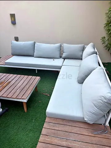 Outdoor L-shaped Wooden Frame Sofa with Cushions