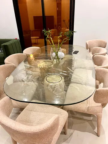 Glass Top Dining Table with 8 Curved Upholstered Chairs - Light Beige