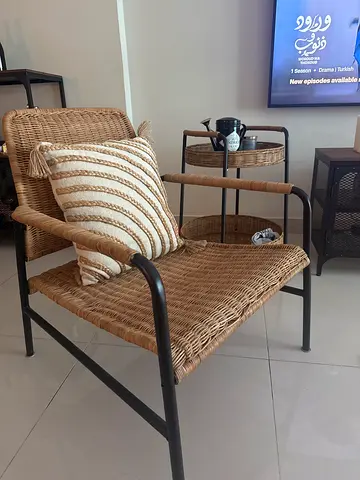 Wicker Rattan Armchair with Black Metal trolley - Good Condition