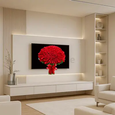 Modern built-in TV entertainment unit with shelving and LED accents