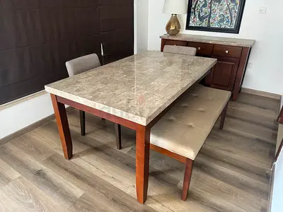 Modern Dining Table with Marble Top and Matching Bench