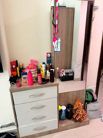 Super king bed, large closet 4-drawer chest with mirror - light wood finish, great condition