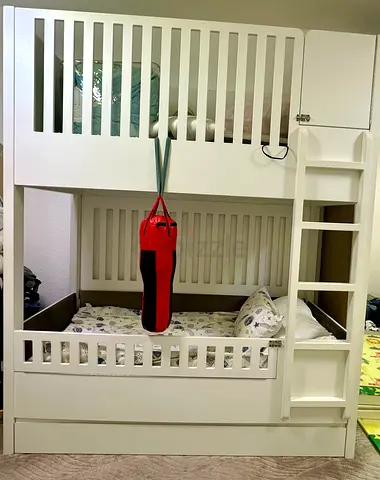 Solid White Wooden Bunk Bed with Storage — Good Condition