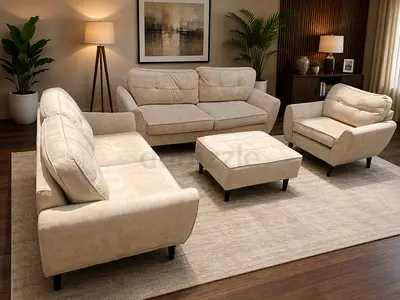Beige 3-Piece Sofa Set with Ottoman - Good Condition
