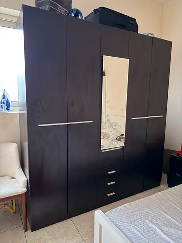 Dark wood 5-door wardrobe with mirror and drawers - good condition