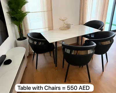 Marble-top Dining Table with 4 Upholstered Chairs - Good Condition
