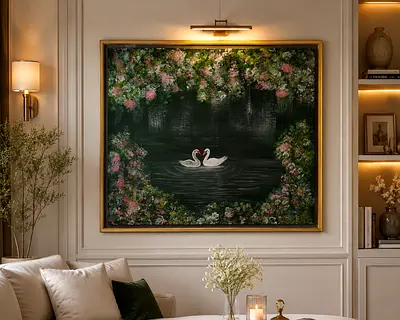 Framed Floral Swans Wall Art Painting — Large Decorative Canvas “لوحة أكريليك يدوية مستوحاة من هدوء