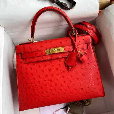 Hermes Kelly Sellier 28 In Red Ostrich Leather