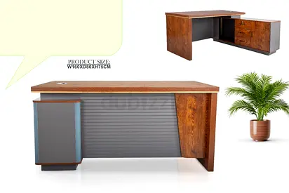 Wood Finish Executive Office Desk with Side Credenza - Good Condition
