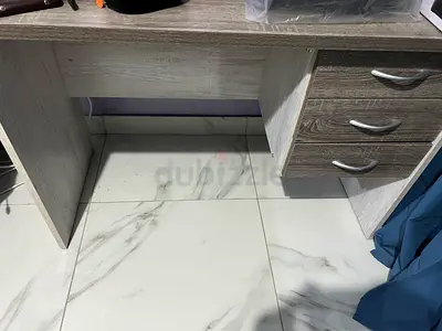 Light grey wooden study desk with three drawers - good condition