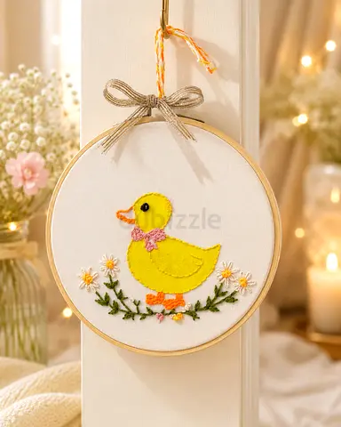 Hand-Embroidered Duck Hoop Wall Hanging - Cute Nursery Decor
