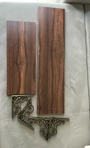 Set of Wooden Wall Shelves with Decorative Metal Brackets