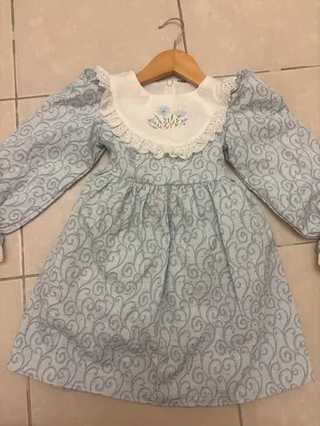 Light blue long-sleeve baby girl dress with embroidered collar - gently used