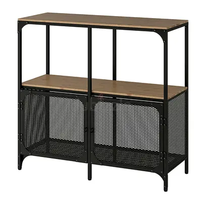 Industrial Metal and Wood Storage Console with Shelves and Mesh Doors