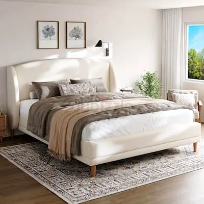 Queen size upholstered bed frame with headboard - cream, modern