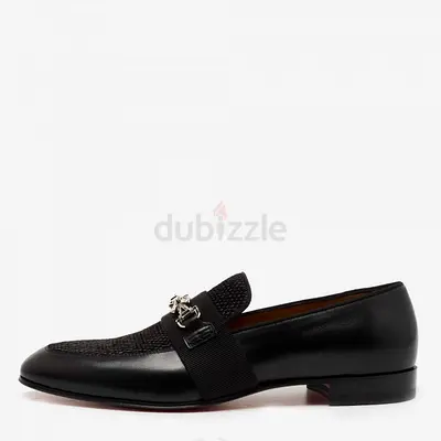 Christian Louboutin Black Leather and Raffia Panamax Spiked Loafers Size 43.5