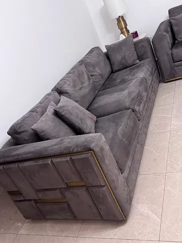 Modern Gray Velvet Sofa with Textured Armrest