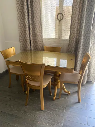 Wooden Dining Table with 4 Matching Chairs - Gold Finish