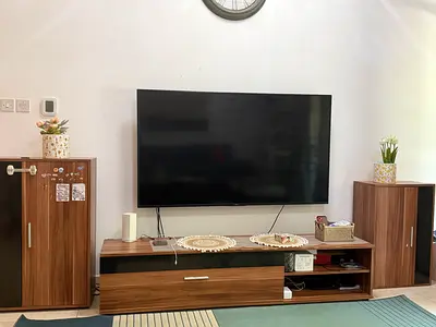 Wooden TV Entertainment Unit with Side Cabinets - Good Condition
