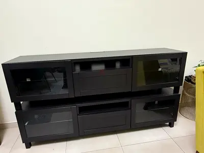 2 Black TV Unit / Entertainment Cabinet with Glass Doors - Good Condition