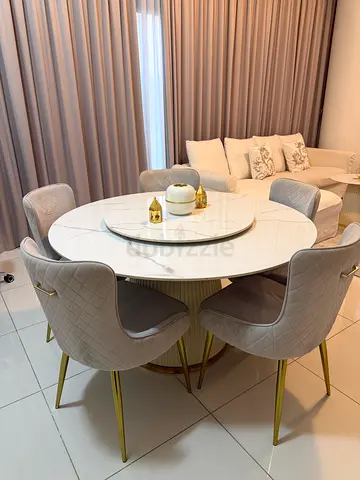 Round Dining Table with Lazy Susan  5 grey Chairs