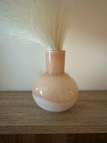 Round ceramic vase with dried pampas grass - light pink/white