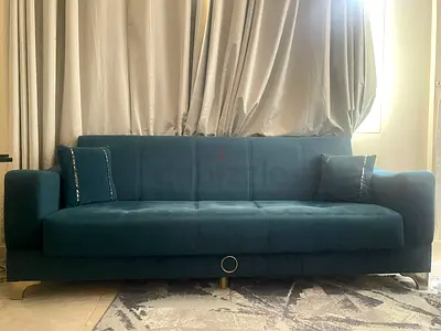 Modern Teal Blue Fabric Sofa with Metal Legs