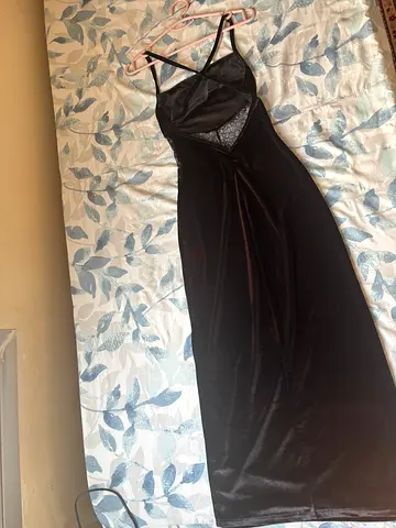 Elegant Black Satin Evening Dress with Lace Detail