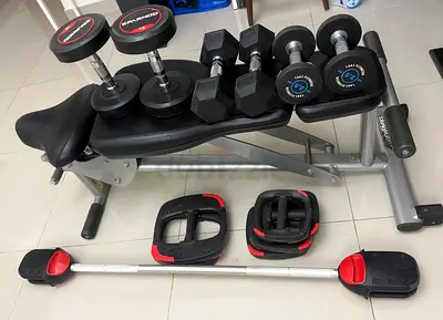 Incline bench,lesmills smart bar with weights  Dumbells