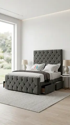 Grey Upholstered Storage Bed with Headboard - King Size
