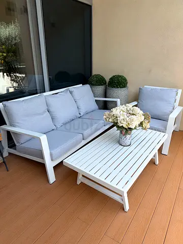 White Outdoor Wooden Sofa Set with Cushions and Coffee Table
