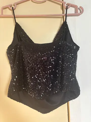 Womens Black Sequin Cami Crop Top