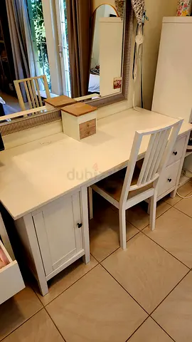 White Wooden Dressing Table with Mirror and Chair - Good Condition
